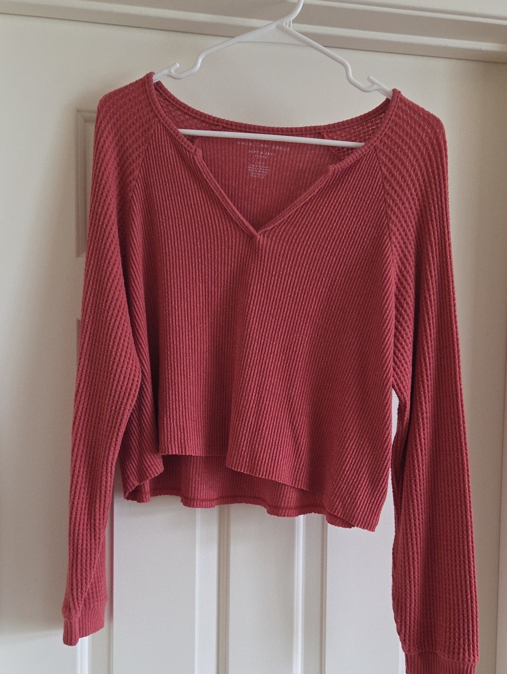 American Eagle Soft & Sexy Plush Waffle V-Neck Top Pink Large